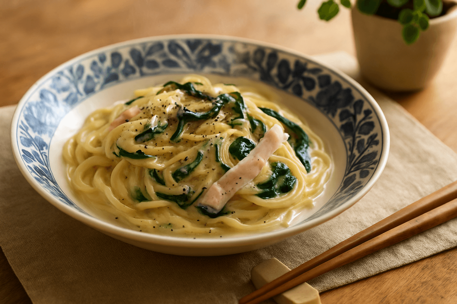 ほうれん草のクリームパスタの完成写真