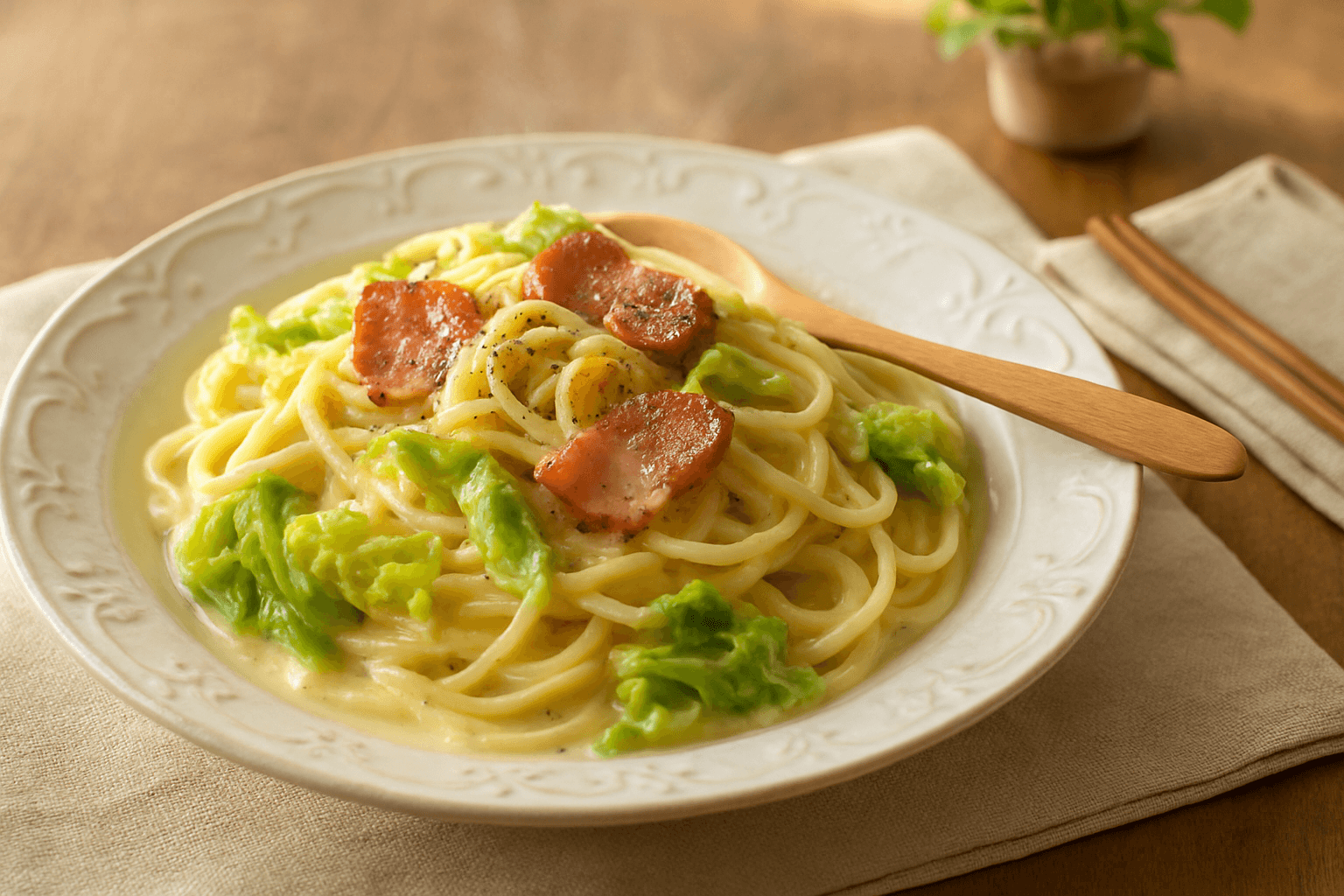 白菜とベーコンのクリームパスタの完成写真