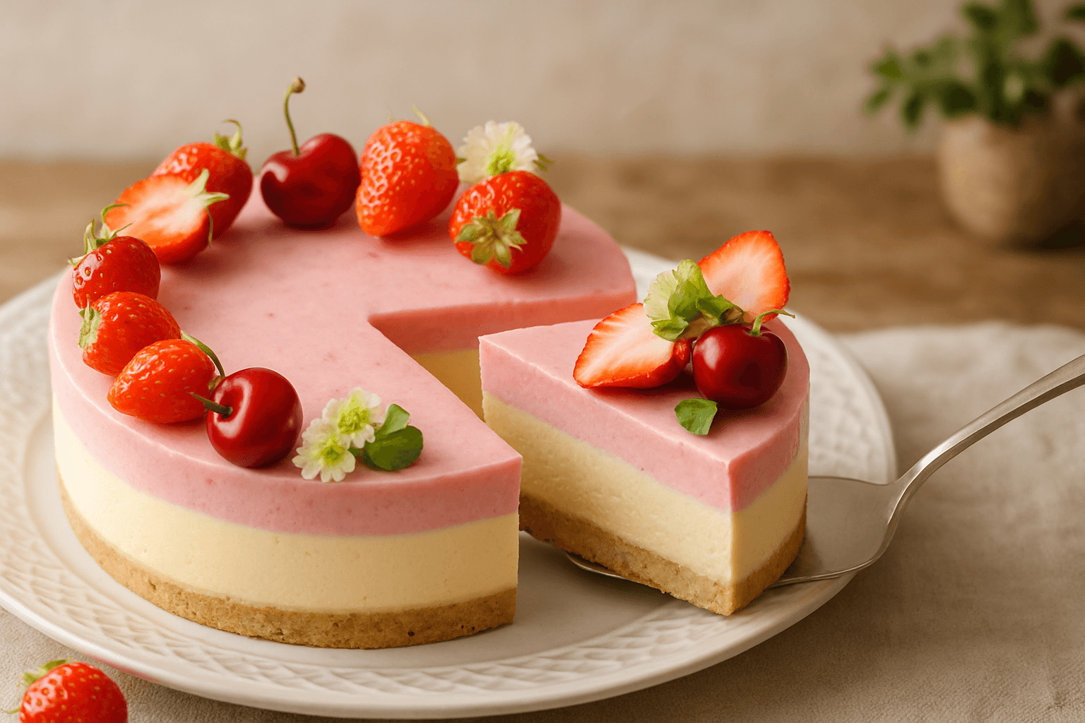 いちごムースとレアチーズケーキの完成写真