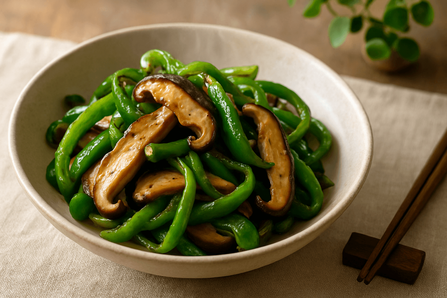 Butter Soy Sauce Stir-Fried Peppers and Shiitake finished dish
