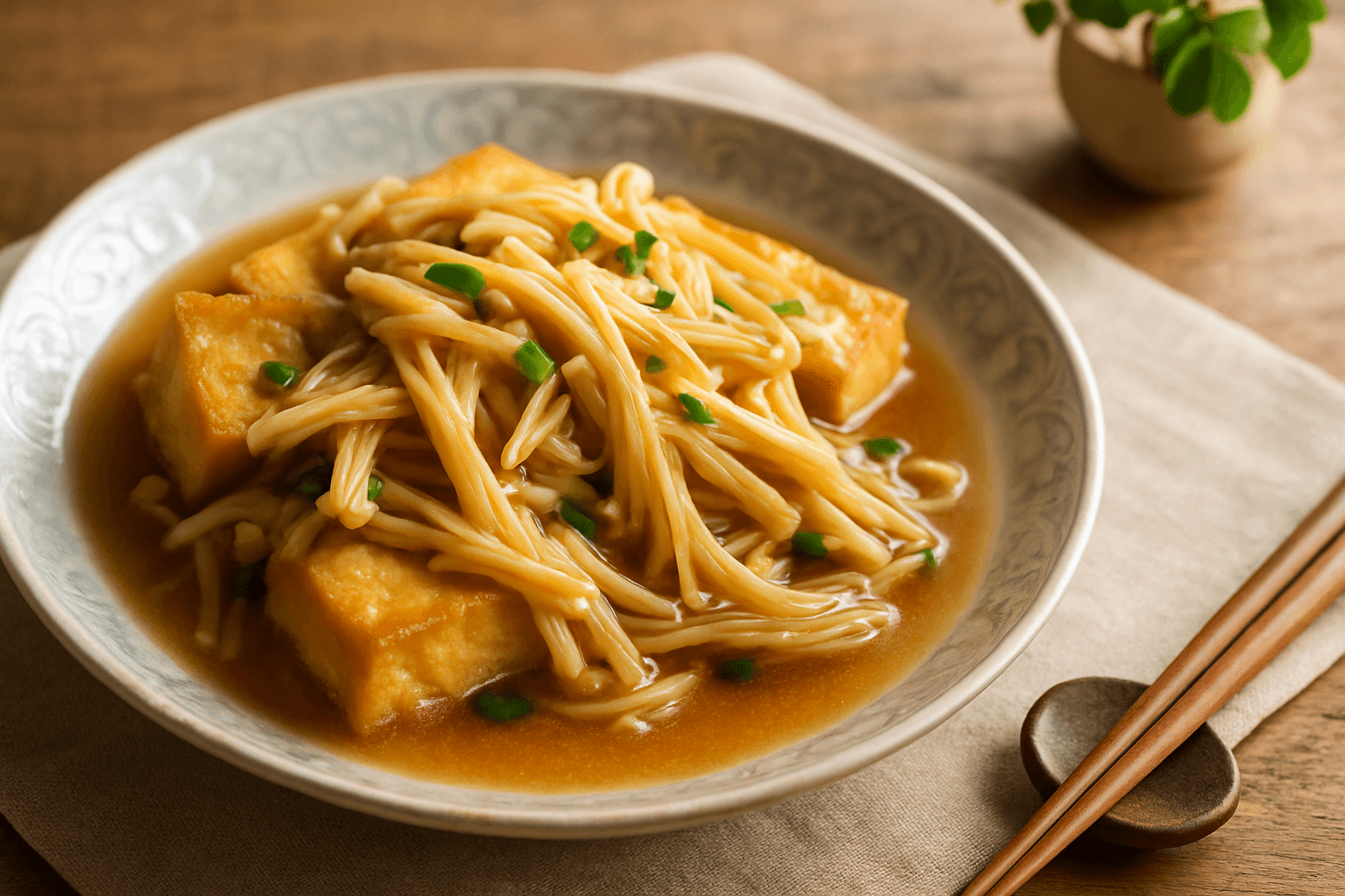 Ginger Flavored Thick Fried Tofu and Enoki with Sauce