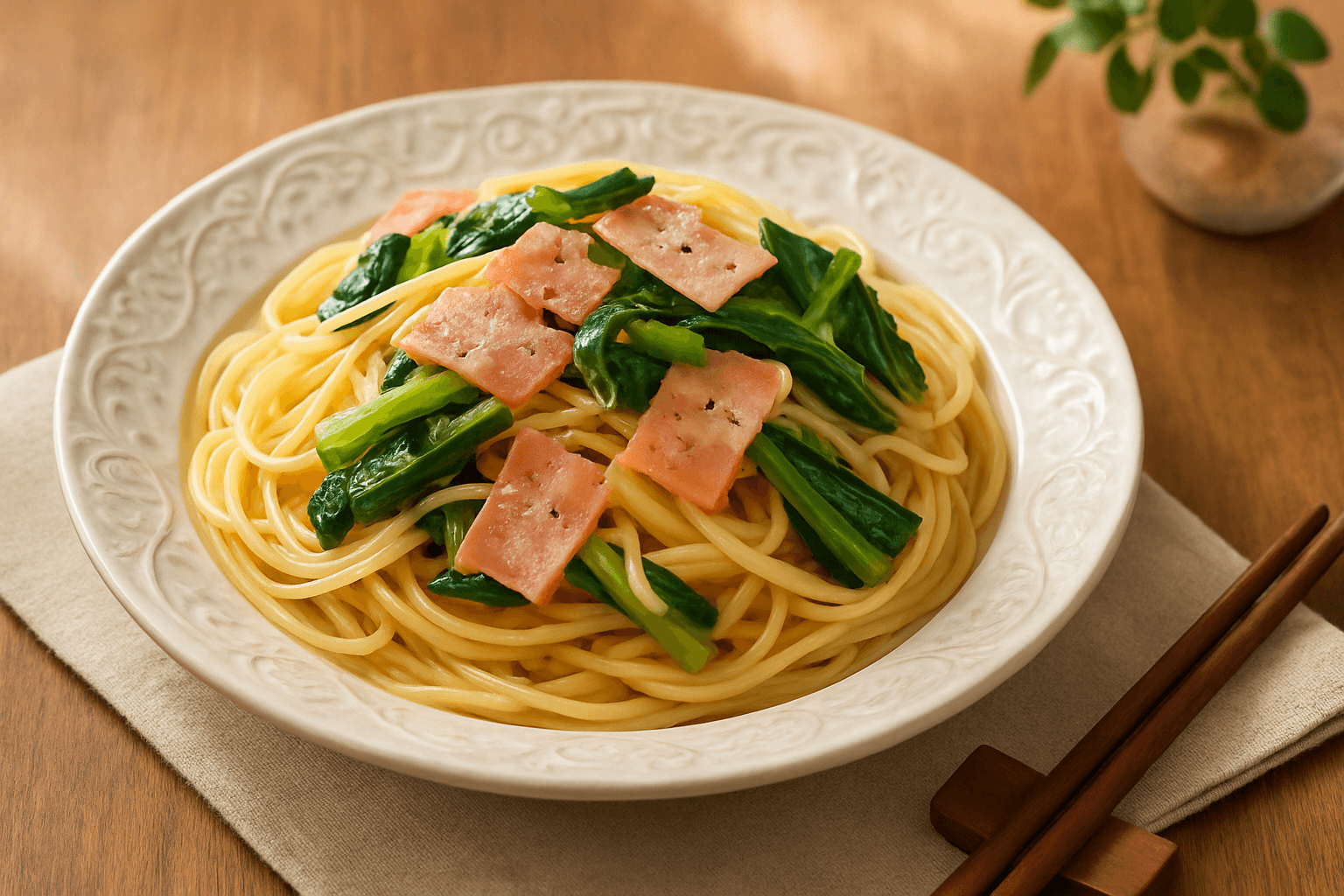 小松菜とベーコンが奏でる和風パスタの贅沢ランチ