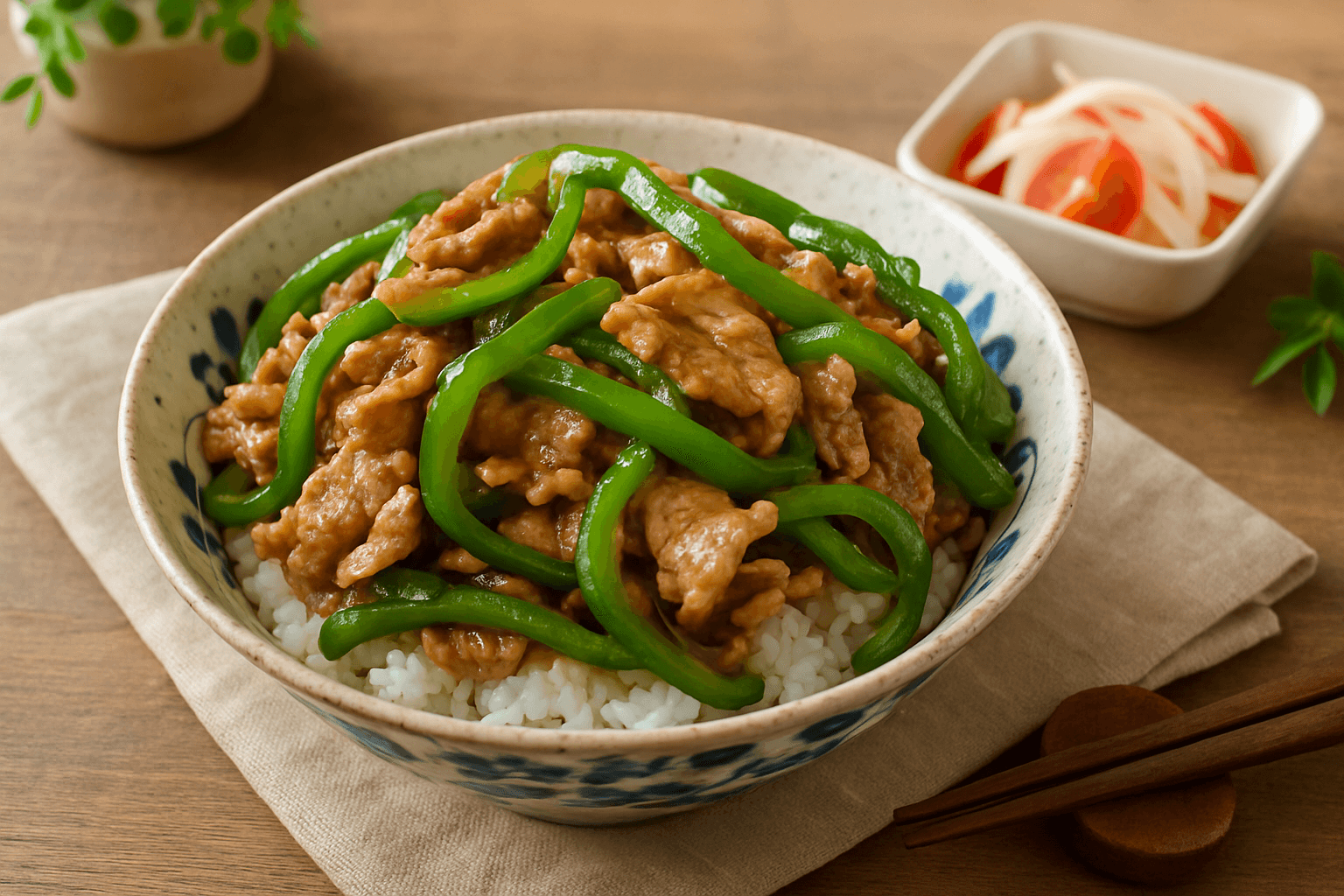 ピーマンと豚こま肉のオイスター丼の完成写真