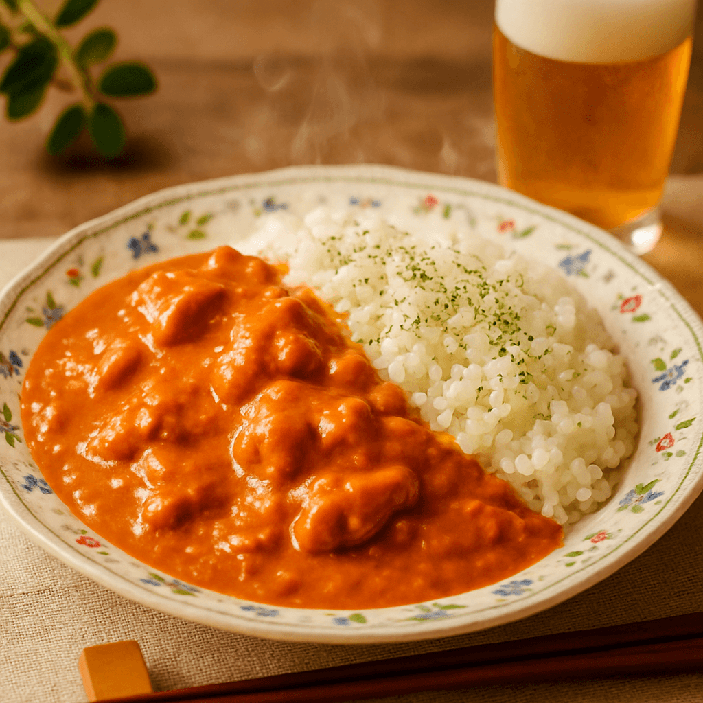 トマトとルーで作るオレンジ色のバターチキンカレー
