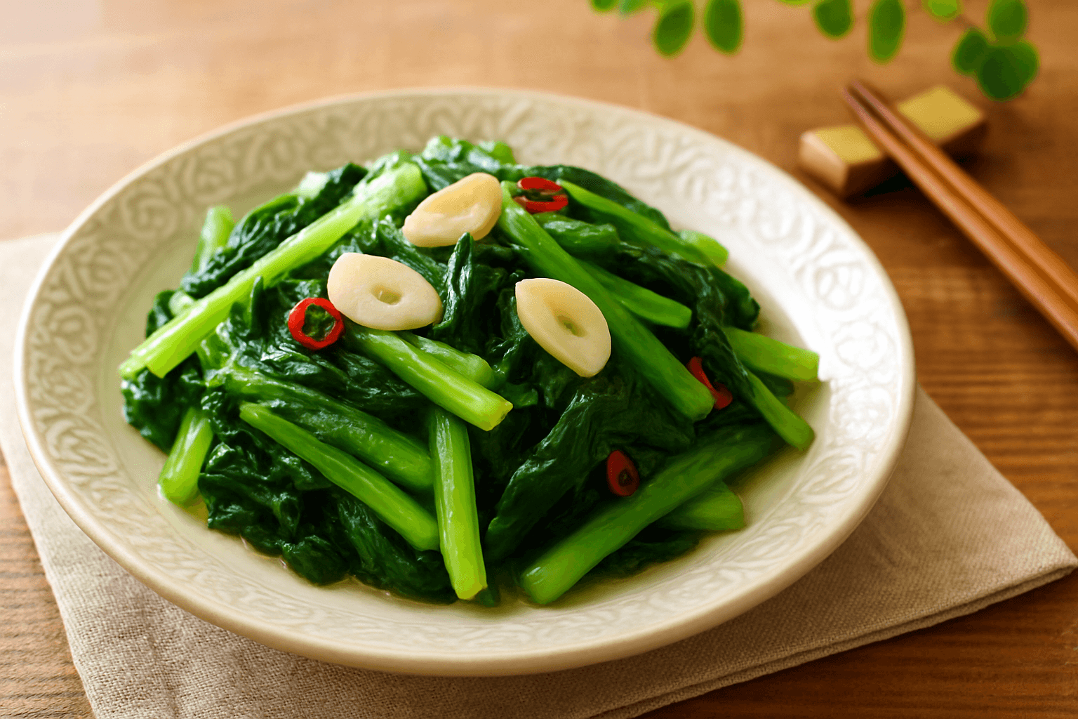 香ばしく彩る小松菜のニンニク炒め